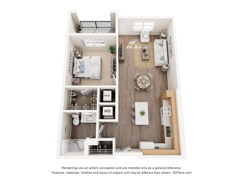 Floor plan for 1 bed, 1 bath, 739 sqft